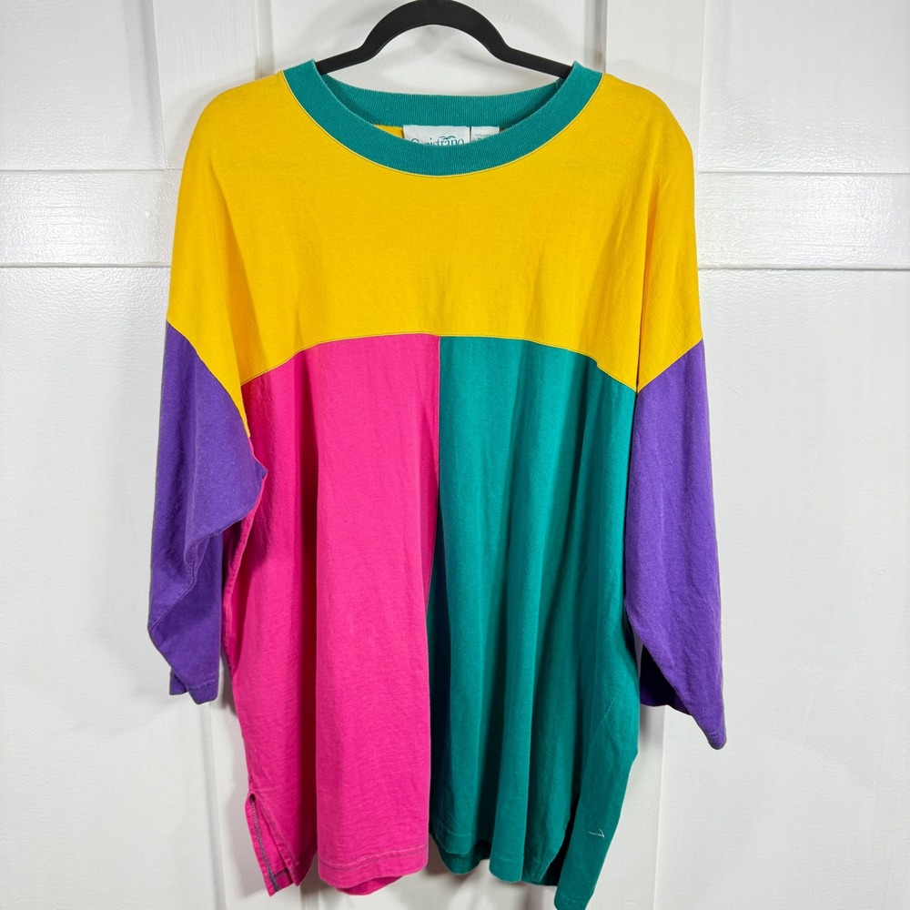 Capistrano Vintage 90s Colorblock Long Sleeve Shirt Yellow Pink Teal One Size